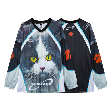 American Casual Couple Sports Mesh Ball Suit V-Neck Different Pupil Cat Face Large Printed Retro Contrast Color Long Sleeve T-Shirt for Men and Women
