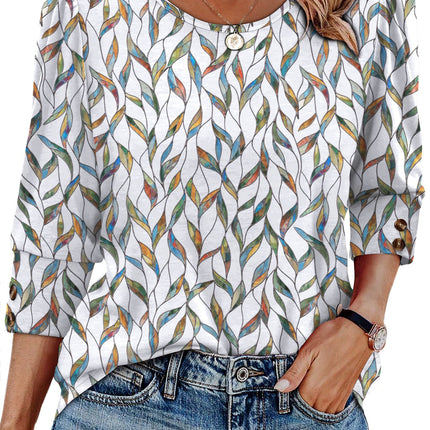 50 Colors Cross-Border European and American Amazon Spring and Summer New Printed T-Shirts with Cuff Buttons, Casual Versatile Vacation Women's Clothing