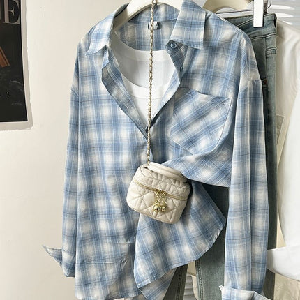 Spring and Autumn Western Style Fashionable Simple Atmospheric Contrast Color Plaid Shirt Women's Lazy Style Stacked Wear Inner Scrub Plaid Top