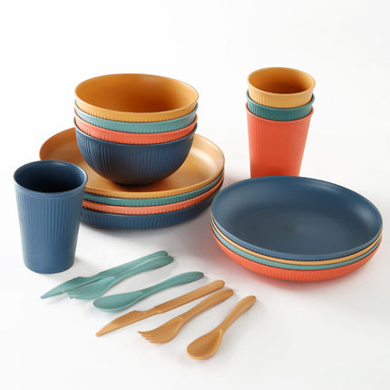 Amazon Special Wheat Straw Household Plastic Dinner Plate Round Rice Bowl Cup Spoon Fork Tableware Gift 16 Pieces suit