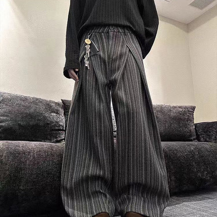 American-Style Lazy New Pleated Design Loose Wide-Leg Striped Casual Pants Versatile Floor-Length Pants