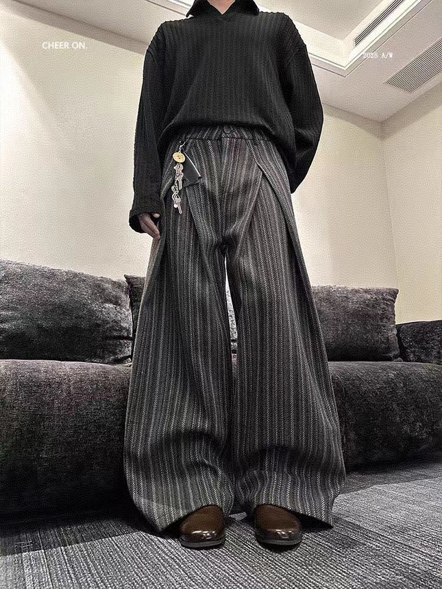 American-Style Lazy New Pleated Design Loose Wide-Leg Striped Casual Pants Versatile Floor-Length Pants