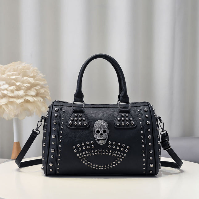 Pillow bag punk women's bag 2023 new Rivet casual soft leather skull women's bag large capacity portable messenger bag