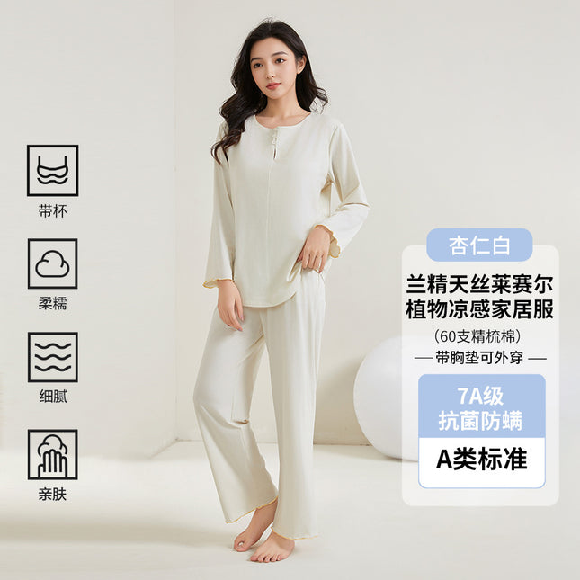 Category a Spring and Summer New National Style Lyocell Cotton 7A Antibacterial Women's Pajamas with Breast Pads Bra-Free Round Neck Home Clothes