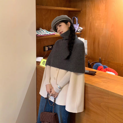 Handmade double-sided Cape coat 2024 new black wool mid-length elegant slimming coat women's clothing