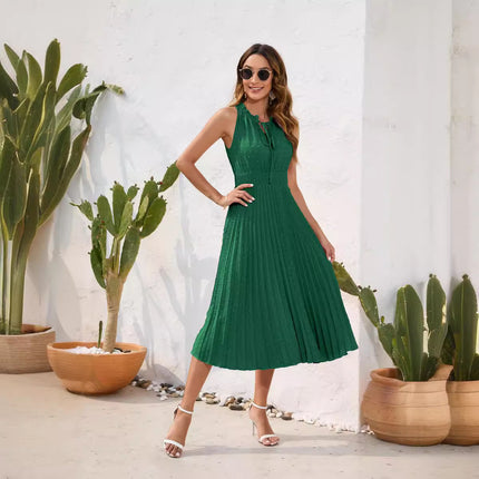 Amazon Cross-Border Lace-Up High-Waist Pleated Fur Ball Dress Sleeveless Summer Dress Casual Vacation Travel Dress