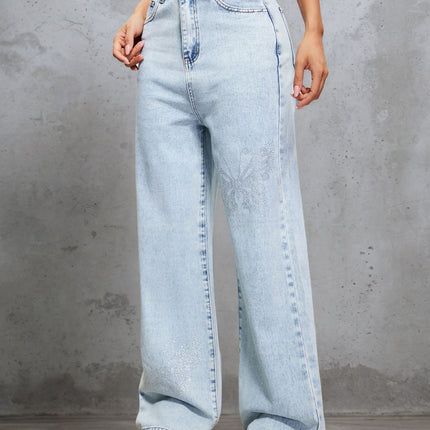Cross-Border Women's American Retro Washed Distressed Rhinestone Jeans Autumn and Winter Loose Slimming High-Waisted Floor-Length Pants