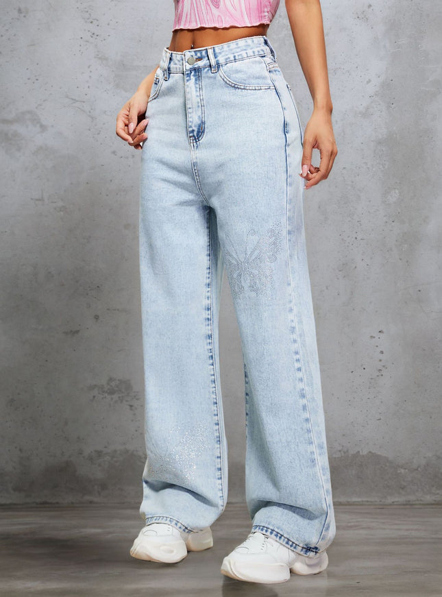 Cross-Border Women's American Retro Washed Distressed Rhinestone Jeans Autumn and Winter Loose Slimming High-Waisted Floor-Length Pants