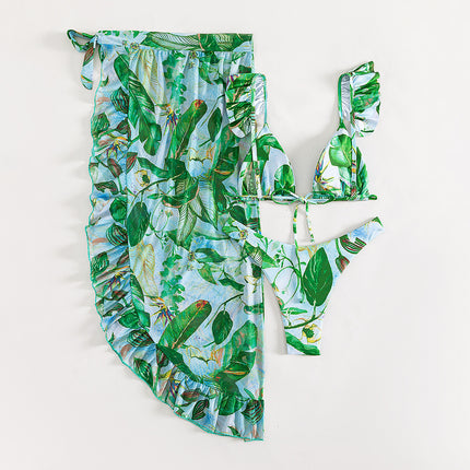 2026 Foreign Trade Swimwear Sexy Three-Piece Bikini with Ruffled Gauze Skirt Printed Swimsuit Amazon European and American Swimwear