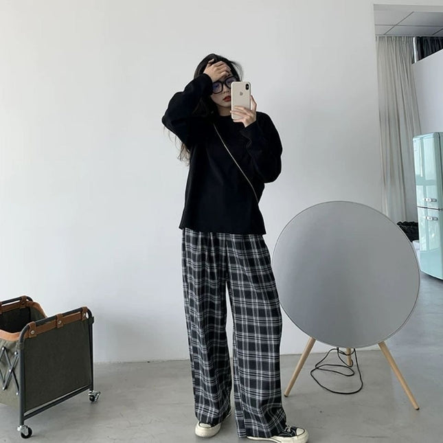 Lazy Wind Contrast Color Stitching Plaid Casual Pants Women's 2025 Spring and Summer Loose Comfortable Slimming Wide Leg Pants Women