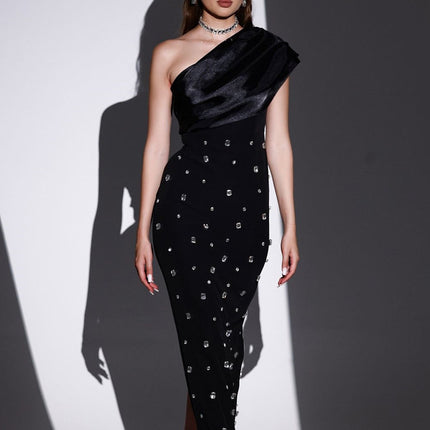 Spring 2025 New Bandage dress Elegant Elegant Fashion Design Oblique Shoulder with Diamond Hip Dress
