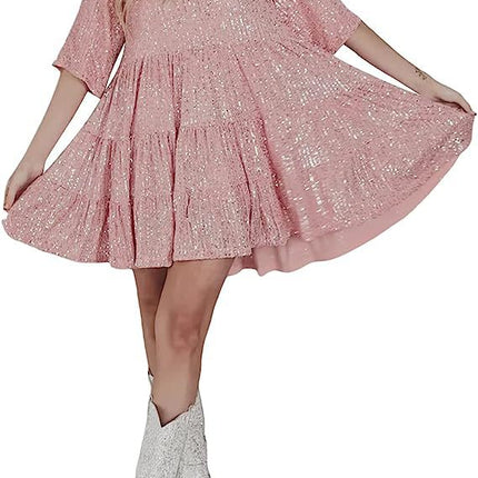 Cross-Border European and American Style Glitter Sequin Half-Sleeved Round Neck Ruffled Loose Short-Sleeved Dress Banquet Dress 10 Colors