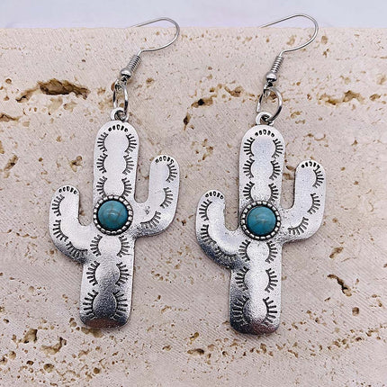 Cross-border new Cactus earrings retro ethnic style concave-convex turquoise flower pendant personalized distressed earrings