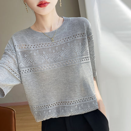 Korean Style Sweet Round Neck Summer Pullover T-Shirt Design Cut Out Jacquard Thin Knitwear Top for Women