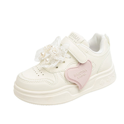 Children's Sneakers 2025 New Spring Girls Leather Breathable sneaker Girls Guofeng Pearl All-match White Shoes