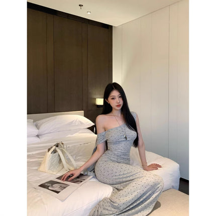 Irregular Grey Wave Dot Inclined Shoulder dress Women's Summer Pure Desire Waist Fishtail Skirt Figure Hip Dress