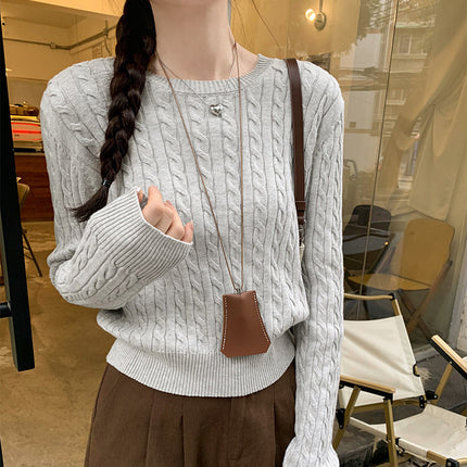 Designed with Korean Style, Gray Cable-Knit Sweater for Women, New Slim-Fit Short Top for Autumn and Winter
