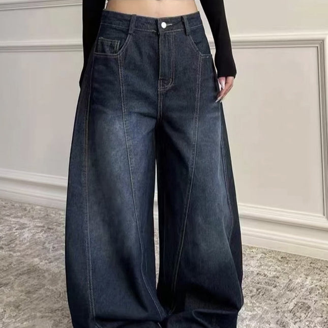 Strawberry Bear Classmate American Retro Dark Blue Letter Print Jeans Scimitar Wide-Leg Floor-Length Pants for Women
