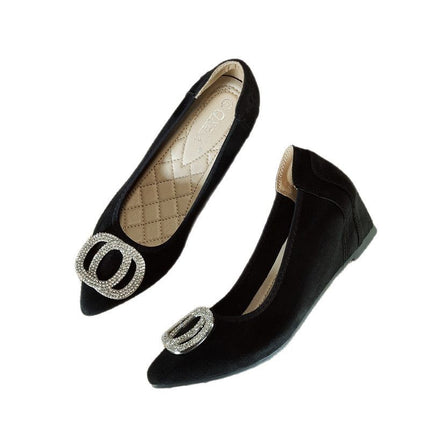 Women's Height-Increasing Shoes 2026 Spring New Suede Rhinestone Pointed Toe Shallow Wedge Comfortable Trendy Loafers