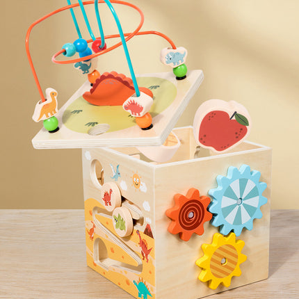 Wooden Children's Early Education Shape Matching Treasure Box Multifunctional Dinosaur Scene Puzzle Around Beads Intelligence Box Toy