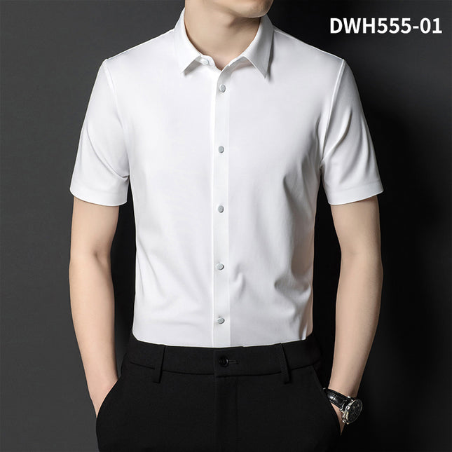 Summer New Vertical Striped Shirt for Men, Short-Sleeved Business Casual High-Elastic Seamless Shirt, Slim Fit Light Business