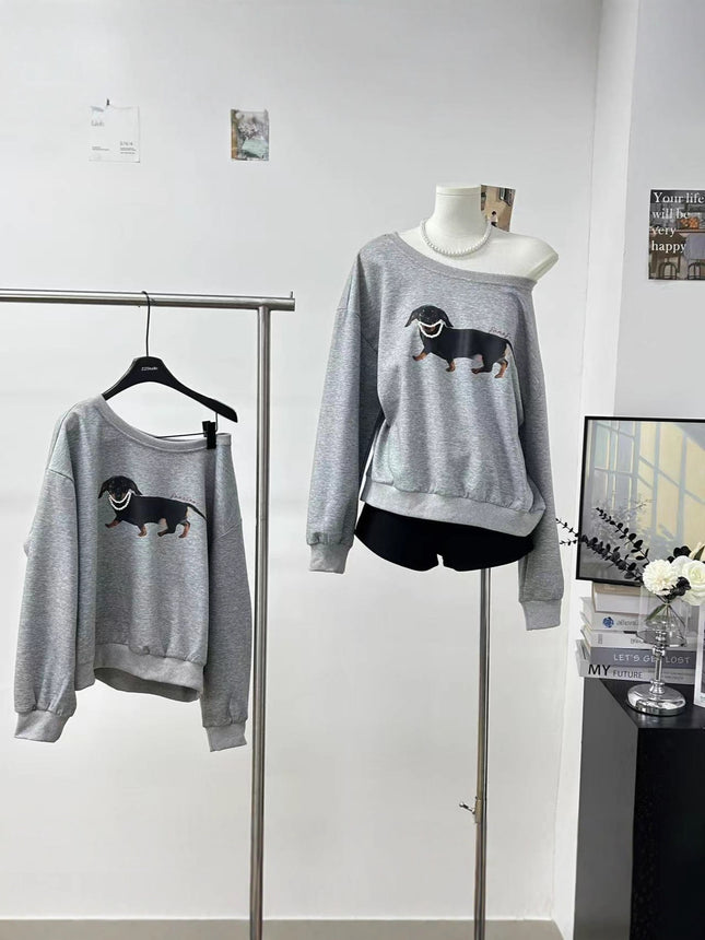 Yuxiao Xiaoyun's Same Style American Retro Pearl Dachshund Dog Slanted Shoulder Loose Casual Round Neck Printed Sweatshirt for Women