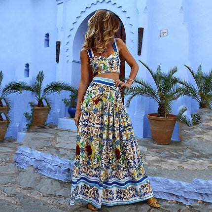 2025 Cross-Border Spring and Summer New European and American Women's Clothing Sexy Elegant Suspender Printed Dress Suit Beach Skirt Two-Piece
