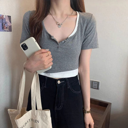 92% Rayon 8% Spandex Summer New Style Spicy Girl Fake Two-Piece Short-Sleeve T-Shirt for Women, Niche Slim Fit Bm Short Crop Top