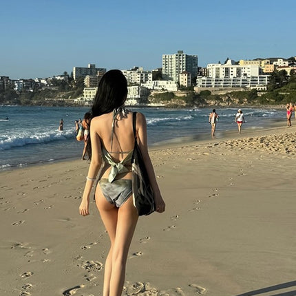 Korean New Grass Green Halterneck Drawstring Skirt Split Bikini Swimsuit Female Sexy Girl Beach Vacation Style