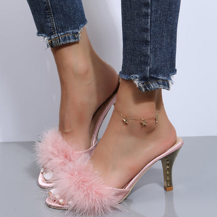 Foreign Trade Large Size Furry Sandals 2025 Summer New Fashion Outer Wear Stiletto Open Toe Sandals