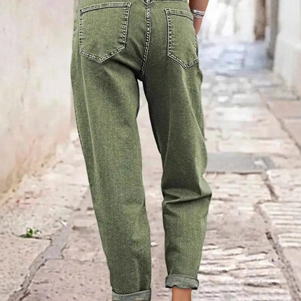 Cross-Border Amazon European and American Elastic Mid-Waist Straight Jeans Green Button Design Diagonal Pocket All-Season Jeans