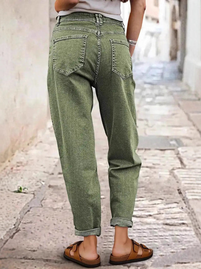 Cross-Border Amazon European and American Elastic Mid-Waist Straight Jeans Green Button Design Diagonal Pocket All-Season Jeans
