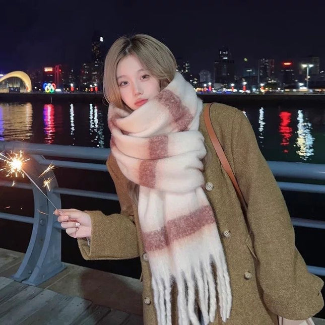 New Korean-Style Thick Striped Warm Winter Scarf for Women, High-Grade Mohair Green Neck Warmer for Men, Extended Shawl
