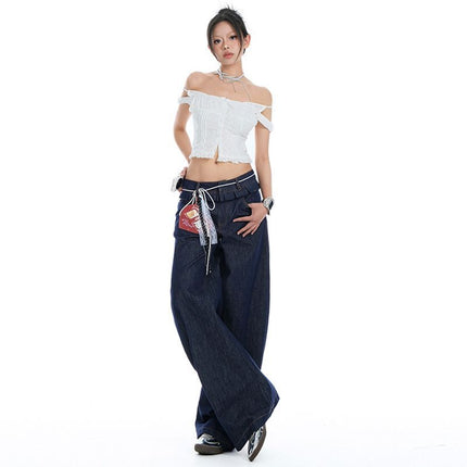 Spring 2025 New Arrival Ear-rimmed Double Waist American Style Spice Scimitar Pants Design Washed Slim Look Jeans Women