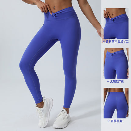 Cross-border new Twisted V-shaped yoga pants Peach Hip belly contracting sports cropped pants outdoor running fitness tights