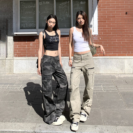 American Style Retro Spring and Summer New Style Spice Girls Wind Middle Waist Loose Multi-Pocket Design Sense Workwear Casual Straight Pants Women's Trendy
