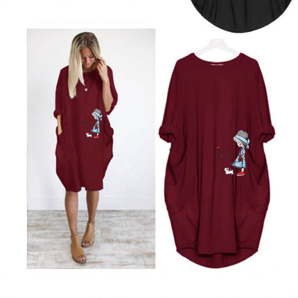 Factory direct sale wish AliExpress foreign trade women's casual loose pocket long sleeve plus size fat sister dress