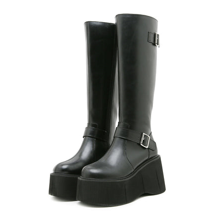 Wedge-Heeled Thick-Soled Knee-High Boots for Women with Belt Buckle Design, Long Boots for Petite Women, Height-Increasing Long Boots, Fleece-Lined Warm Riding Boots