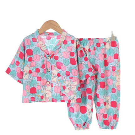 Children's Home Clothes Cotton Silk Suit Summer Boys and Girls Pajamas Artificial Cotton Two-Piece Set Cotton Silk Air-Conditioned Clothes Kidsren's Clothing