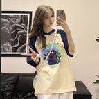 T463 flower black cat navy blue and apricot / M