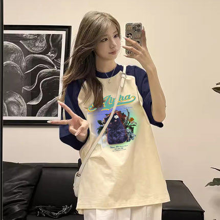 Summer Pure Cotton Plus Size Loose Raglan Short-Sleeve T-Shirt for Women, Korean Style Slimming Printed Hong Kong Style Half-Sleeve Top