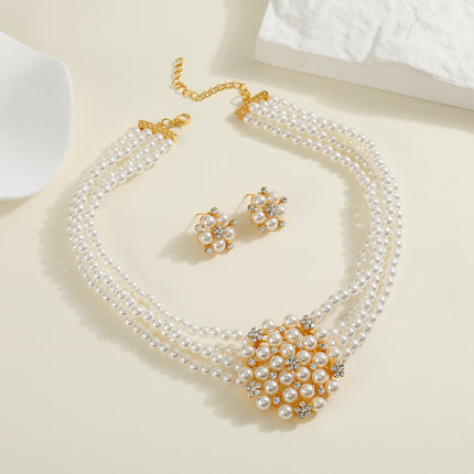 Cross-border Jewelry suit Women's Multi-row Pearl Necklace Earrings Three-piece Bridal Wedding Dress Accessories All-match Factory