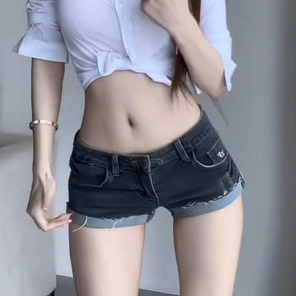American Hot Girl Retro Cuffed Denim Super Shorts Women's Summer New Low-Waist Versatile Slimming Curled Straight Hot Pants