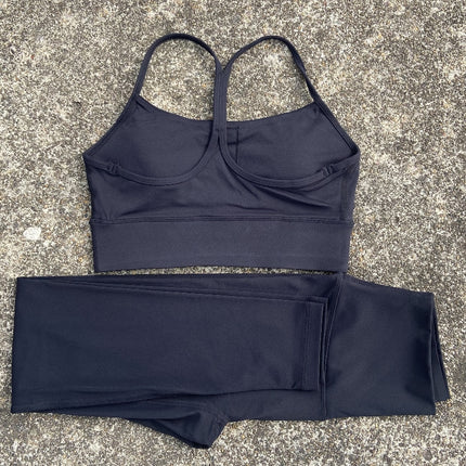 European and American solid color yoga clothes suit sports Y-shaped bra + high waist nude yoga leggings elastic tight shaping