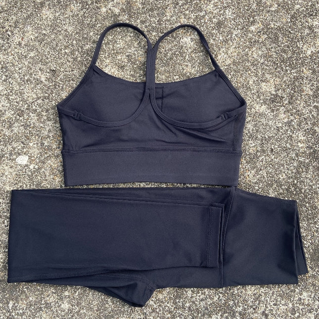 European and American solid color yoga clothes suit sports Y-shaped bra + high waist nude yoga leggings elastic tight shaping