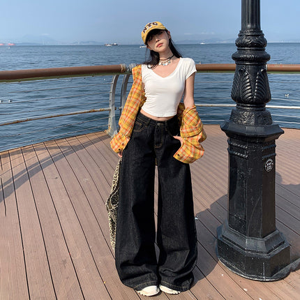 American-Style Wide-Leg Jeans for Women, 2025 Autumn and Winter New Style, Fleece-Lined, Straight-Leg, Loose, High-Waisted, Slimming, Thin Fleece, Floor-Length Pants