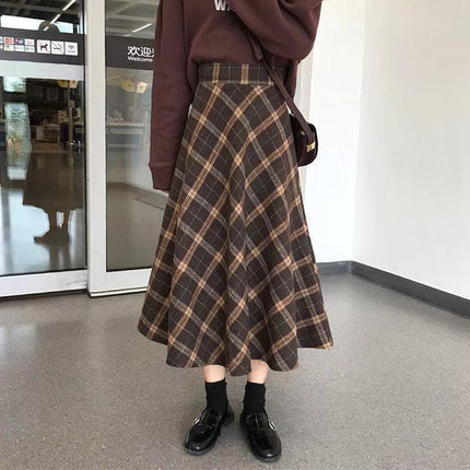 Brown Plaid Skirt for Women in Spring and Autum Mid-Length High-Waisted A-Line Pleated Skirt for Small People with Large Swing Umbrella Skirt Long Skirt