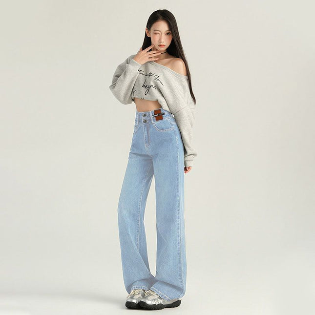 Straight All-match Slim Look Wide Leg Jeans Women's Spring 2025 Leg Long plus size Loose Mop Pants Vintage Blue