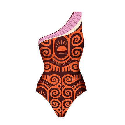 One-Shoulder Ethnic Style Printed One-Piece Swimsuit Suit for Women 2024 Beach Vacation Swimsuit New Style 2703