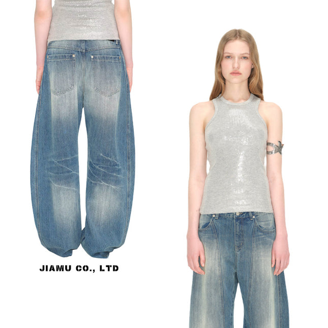 JIAMU American Baggy jeans Lightning Scimitar Unisex Jeans Unisex Three-Dimensional Cut Silhouette Banana Pants